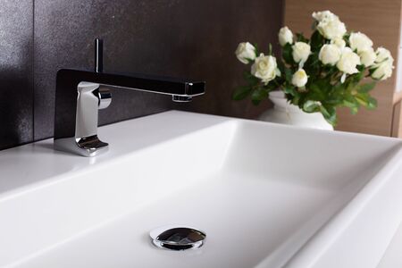 Interior of brand new bathroom with mirrorの写真素材