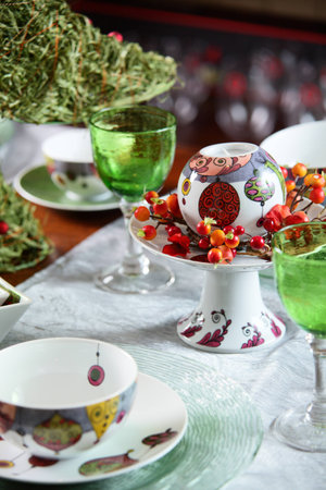 Table with different brand new hollyday decorationの写真素材
