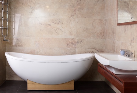 Interior of brand new bathroom with mirrorのeditorial素材