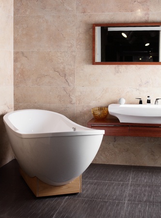 Interior of brand new bathroom with mirrorのeditorial素材