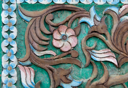 Carvings Vintage Style Floral on The Tree Seamless Pattern on Woodenの写真素材