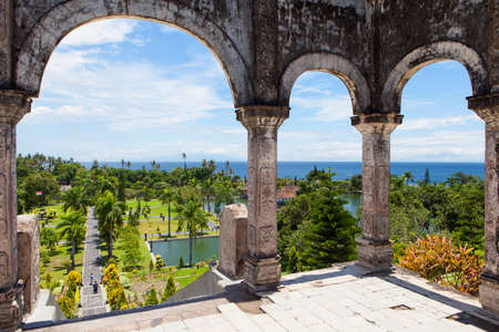 Panorama of Tirtagangga water Palace Taman Ujung Bali, Sunny day, ocean viewの写真素材