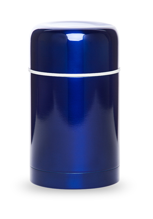 Metal blue  vacuum flask for active life, isolated on white backgroundの写真素材