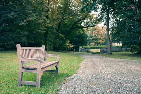 Abbey of Jumieges in autumn, wooden bench in Parkの写真素材
