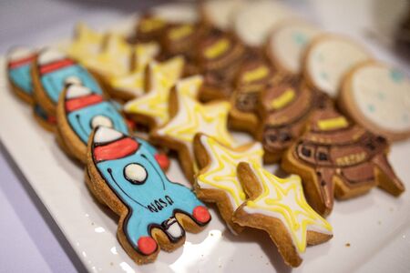 A variety of ginger cookies on the theme of space on a plate, catering for childrens holidayの写真素材