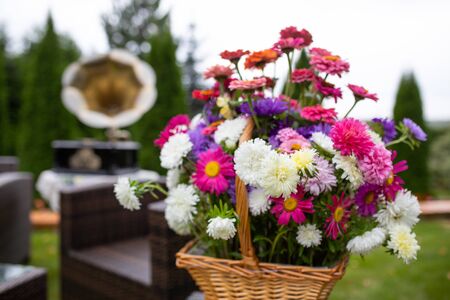 Vintage retro gramophone with vinyl record in the summer garden playing a waltzの写真素材