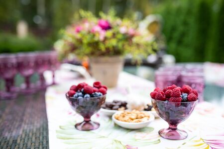 Beautiful glasses of colored purple glass on the table with berries and flowers, composition for catering outdoorsの写真素材