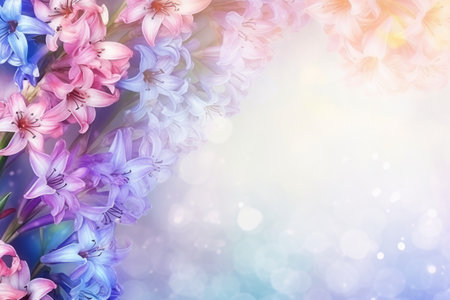 elicate, blurry, foggy background with flowers close-up. Hyacinths are pink, blue. a greeting card. pattern. Flat style. place for textの素材