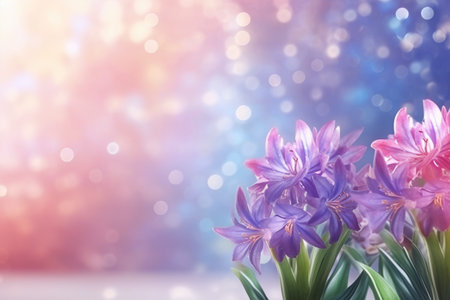 a template for a greeting card with a place for text. pink and blue hyacinths with leaves, side view. Delicate, light background with shimmering sequins.の素材