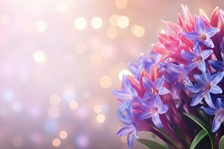 a template for a greeting card with a place for text. pink and blue hyacinths with leaves, side view. Delicate, light background with shimmering sequins.の素材