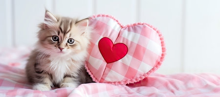 Cute kitten with a heart-shaped pillowの素材