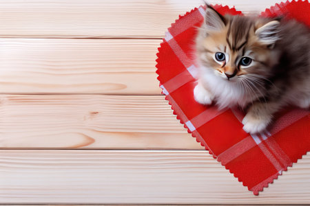 The kitten is lying on a heart-shaped checkered napkin on a wooden backgroundの素材