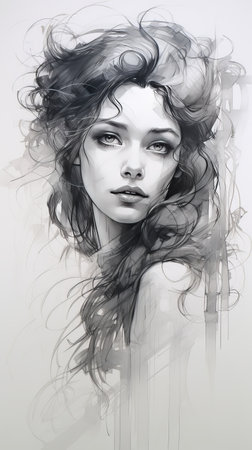 Abstract portrait of a beautiful woman with long hair. The image is drawn in black and white pencil. Art illustration for cover, postcards, paintingsの素材