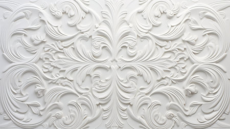 White background with floral ornament. relief made of gypsum. Decorative plaster on the wall.の素材