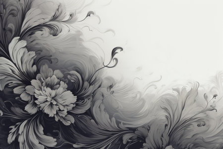 An oil pattern of black and white flowers resembling plants and flowers. monochrome. copy spaceの素材