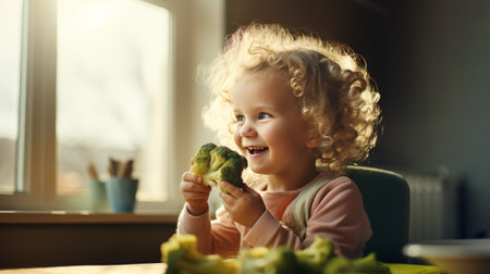cute little girl eating broccoli with her hands in the kitchen. Healthy food for children. copy spaceの素材