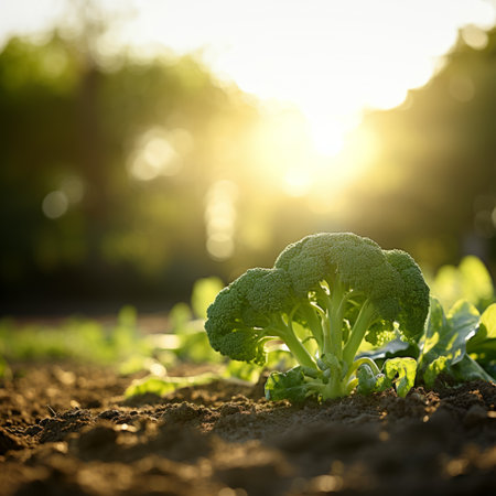 Fresh green broccoli growing in the vegetable garden. copy spaceの素材