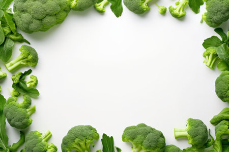 broccoli lies in a circle on a white background. frame for information. flat layの素材