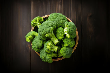 fresh broccoli florets lie in a bowl on a dark wooden surface. view from above. a place for the text.の素材