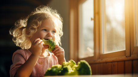 Charming little blonde girl with ponytails eating broccoli with her hands in the kitchen. copy spaceの素材