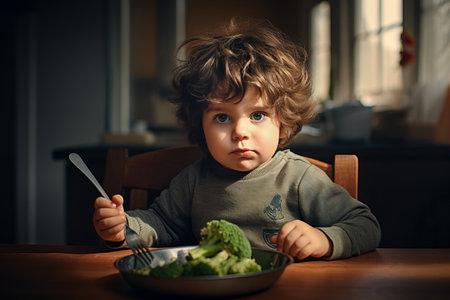 A cute little boy is eating broccoli with a fork. The concept of healthy eating. copy spaceの素材