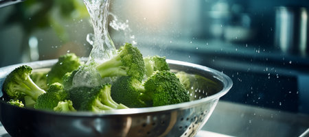 broccoli is washed under running water in a colander. copy spaceの素材