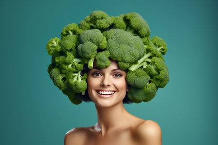 girl with a broccoli hairstyle on her head on an emerald background. place for textの素材