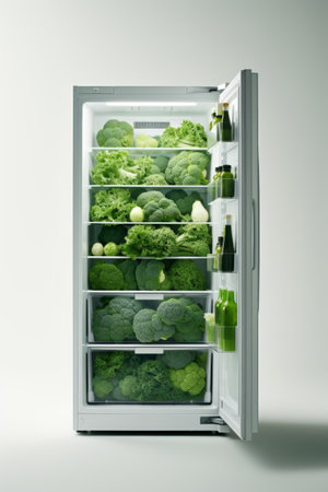 full refrigerator with green vegetables and smoothies in bottles on a white background. copy spaceの素材