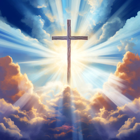 the holy cross flies in the clouds under the sun's rays.の素材