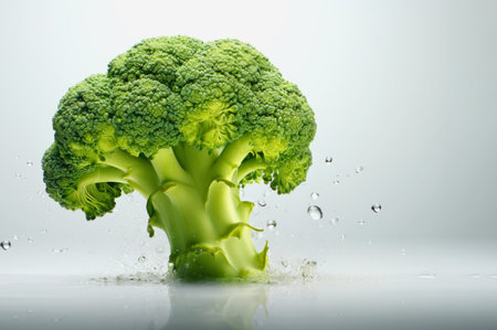 one broccoli stands beautifully on a white background with droplets of water. copy spaceの素材