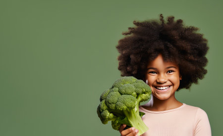 African American girl holds a large broccoli in her hand. place for text.の素材