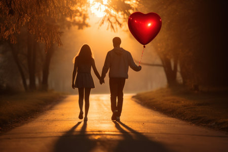 silhouette of a couple in the park walking at sunset with a heart-shaped balloonの素材