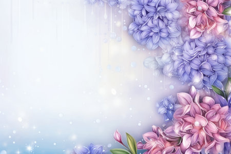 light background with flowers. Hyacinths are pink and blue. Banner on a background of flowers. A greeting card template for a wedding, mother's Day or women's Day. A spring composiの素材