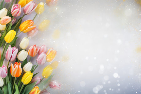 multicolored tulips lie on a light, white, blurred, sparkling background. place for a congratulatory textの素材