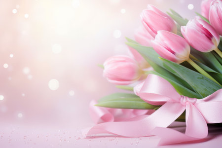 a bouquet of pink tulips tied with a pink satin ribbon on a delicate beige background. place for textの素材