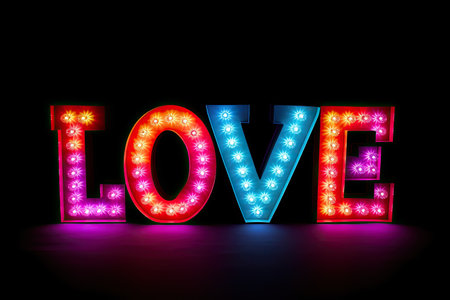 The word love is made of LEDs on a black background.の素材