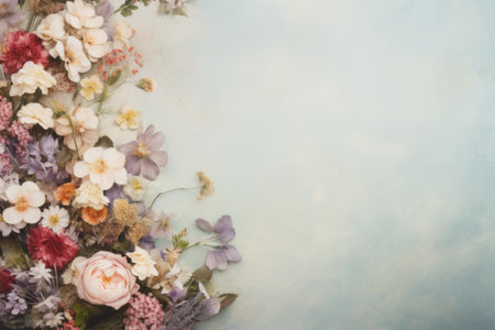 various flowers of small size are laid out on a light, blue, blurred background. wildflowers. template for greeting textの素材