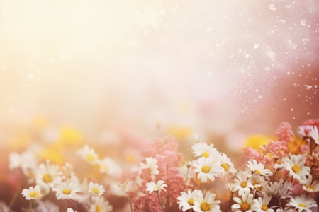 chamomile field in the fog. wildflowers on a blurry beige background with sequins. place for textの素材