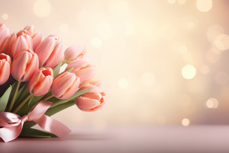 bouquet of pink tulipstied with a satin pink ribbon on a light background with sequinsの素材