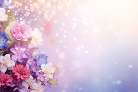 small multicolored flowers on a light background with shimmering sequins. make room for the text.の素材