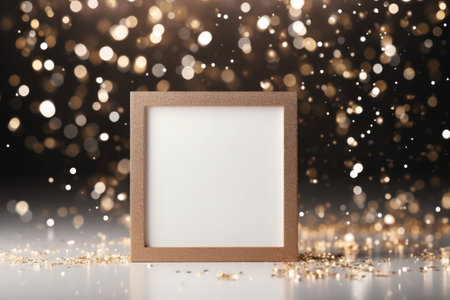 An empty photo frame on a black background with shiny candies and sequins in the background. copy spaceの素材