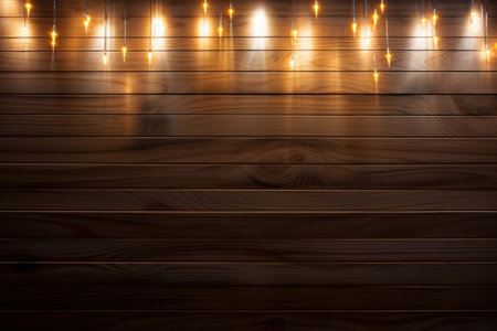 Wooden wall with light bulbs hanging from above. copy spaceの素材
