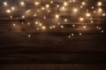 Wooden background, LED garland hanging from above. New Year's, holiday wall.の素材