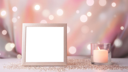 An empty white photo frame stands on a table with a candle. Christmas atmosphere. place for textの素材