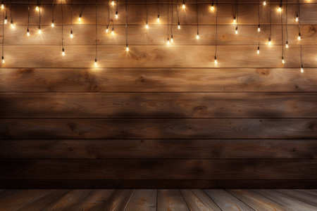 Wooden surface. LED garland hangs on the wall. with light bulbs hanging from aboveの素材