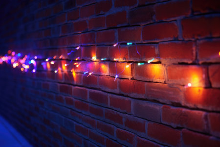 Colorful Christmas lights on brick wall. New Year and Christmas background. copy spaceの素材