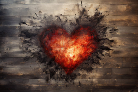 a fiery heart painted in charcoal on a background of boards for Valentine's Day. place for textの素材