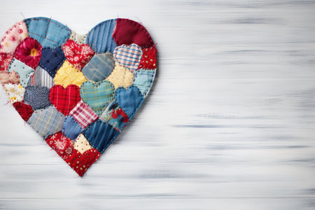 patchwork heart made of pieces of fabric on a blue background for Valentine's Day with a place for textの素材