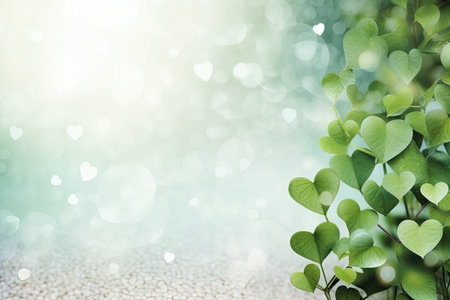 heart-shaped green leaves on a blurred background for Valentine's Day with space for textの素材