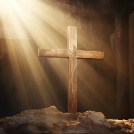 A cross in a dark room with rays of light. A conceptual image for Easter.の素材